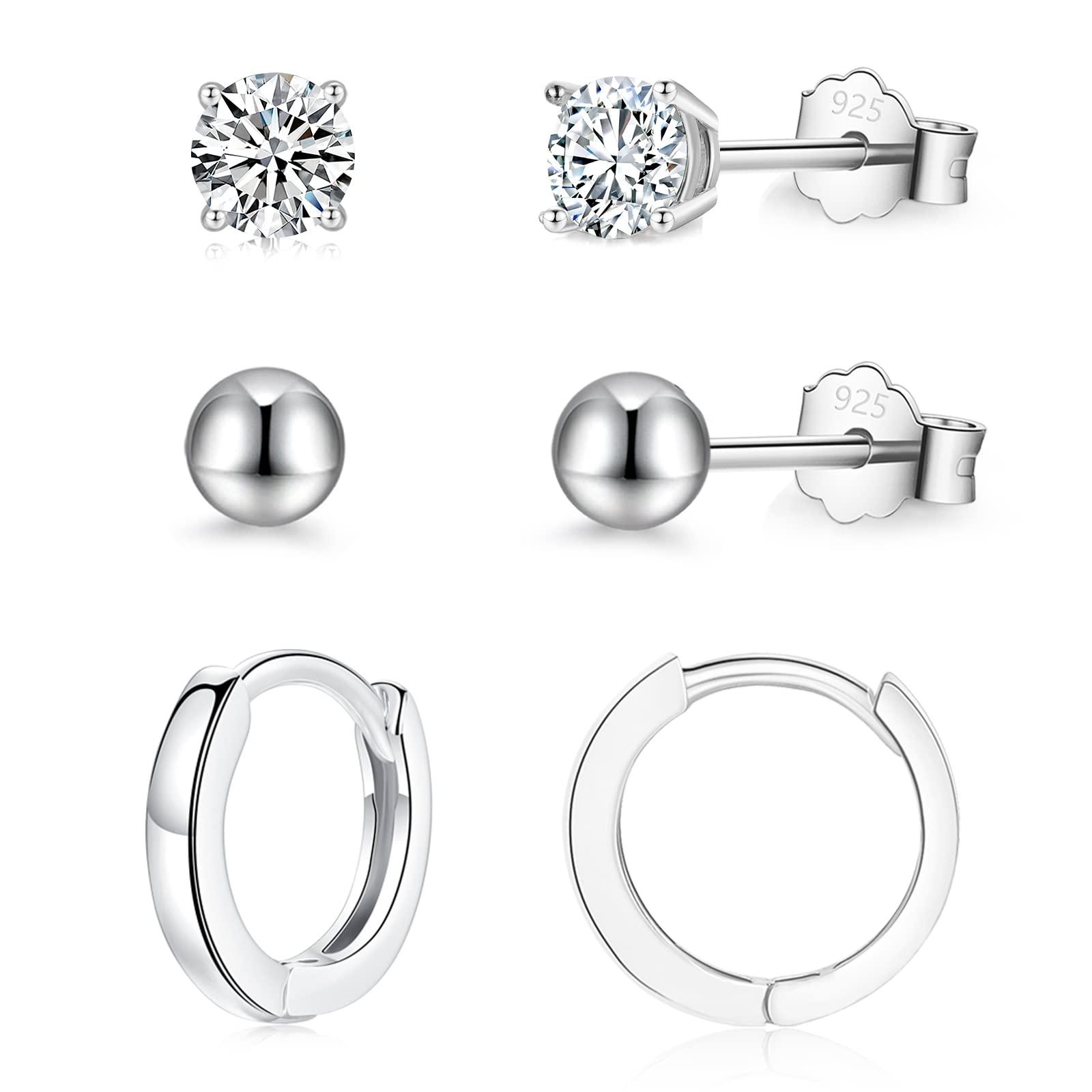 JOPLYSterling Silver Stud Earrings for Women Men | Small Silver Gold Black Hoop Earrings - 3 Pcs Cubic Zirconia Ball Studs & Hoop Earrings Tiny Cartilage Sleepers Earrings Unisex Jewellery Set