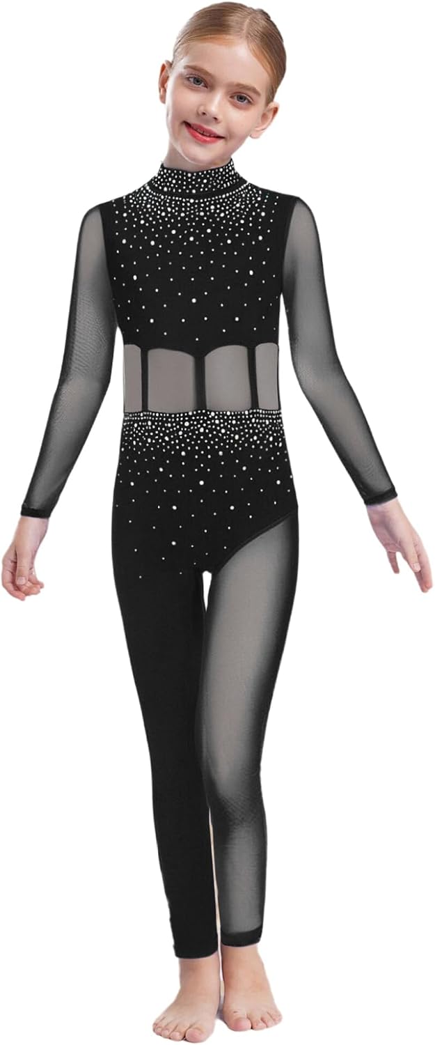 Kids Girls Sparkly Diamond Gymnastics Unitard Long Sleeve Full Body Skating Jumpsuit Ballet Dance Bodysuit