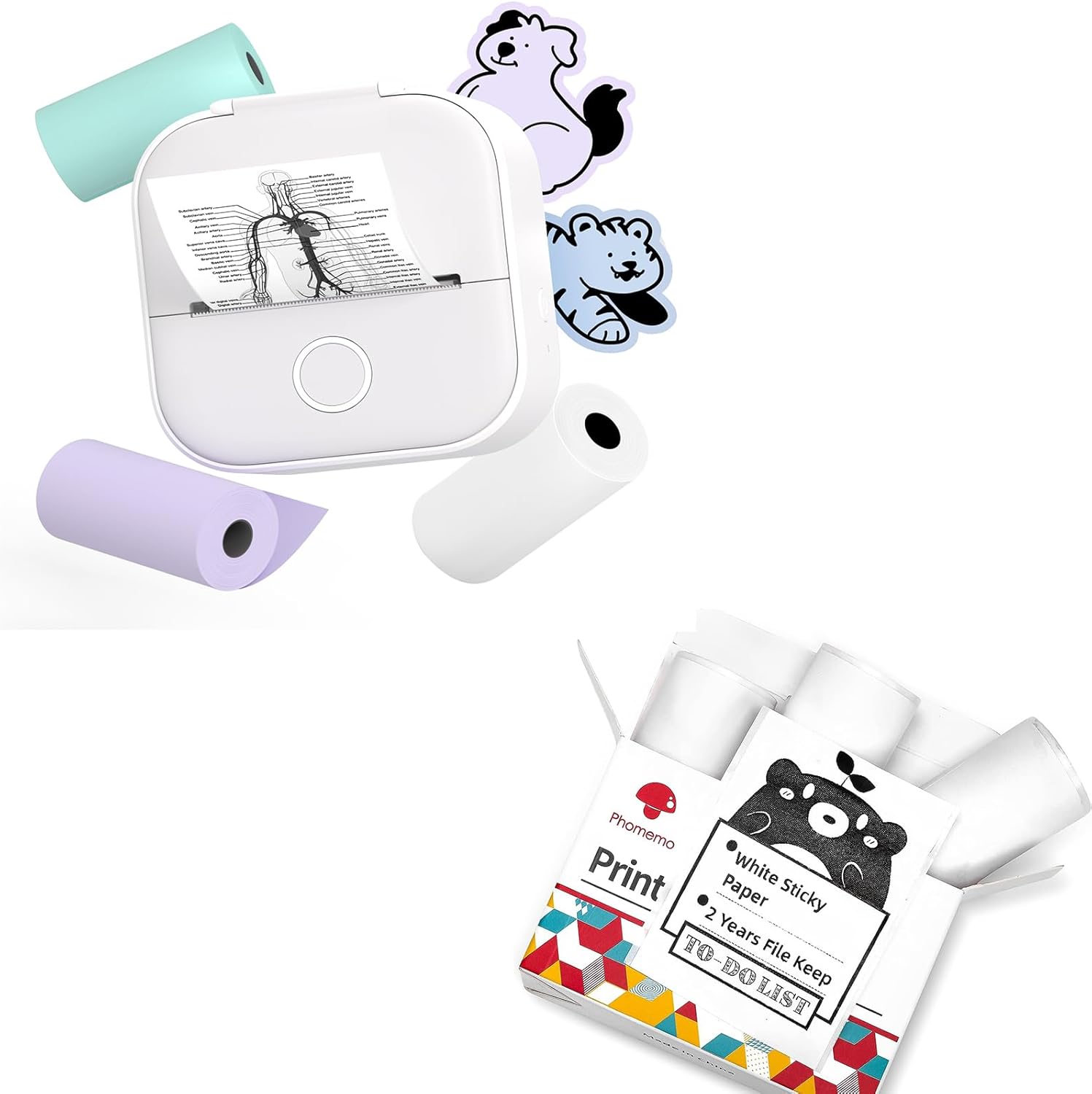 Phomemo T02 Printer Set with 3 Rolls Paper Inkeless Printers- Mini Printer Sticker Maker Bluetooth Thermal Pocket Printers for Study Notes, Stickers, Photos, DIY Printing, for Birthday, White