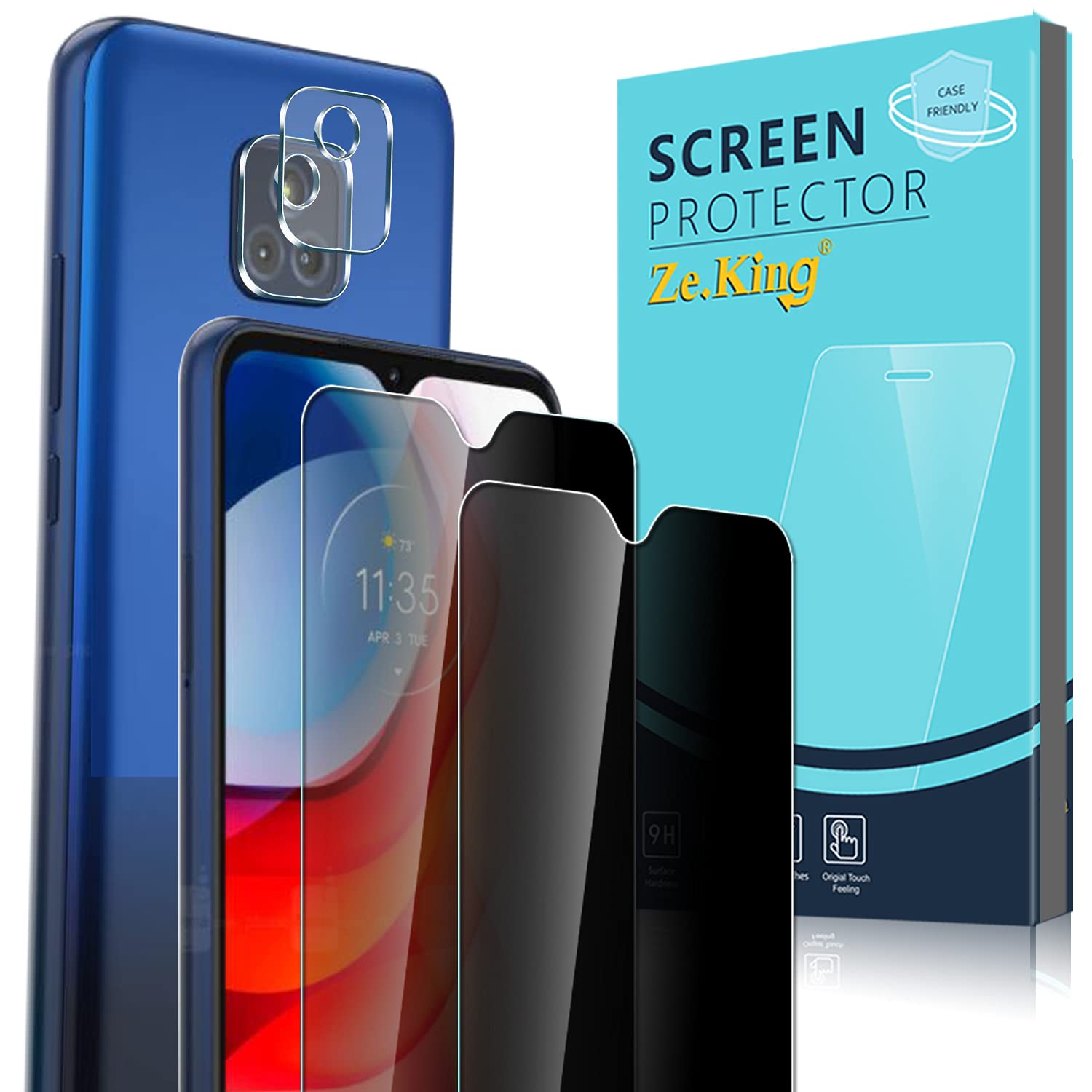[2+2] Pack Zeking Designed for Motorola Moto G Play (2021) Privacy Tempered Glass Screen Protector with Camera Lens Protector, [Anti-Scratch] HD Clarity 9H Hardness [Bubble Free]