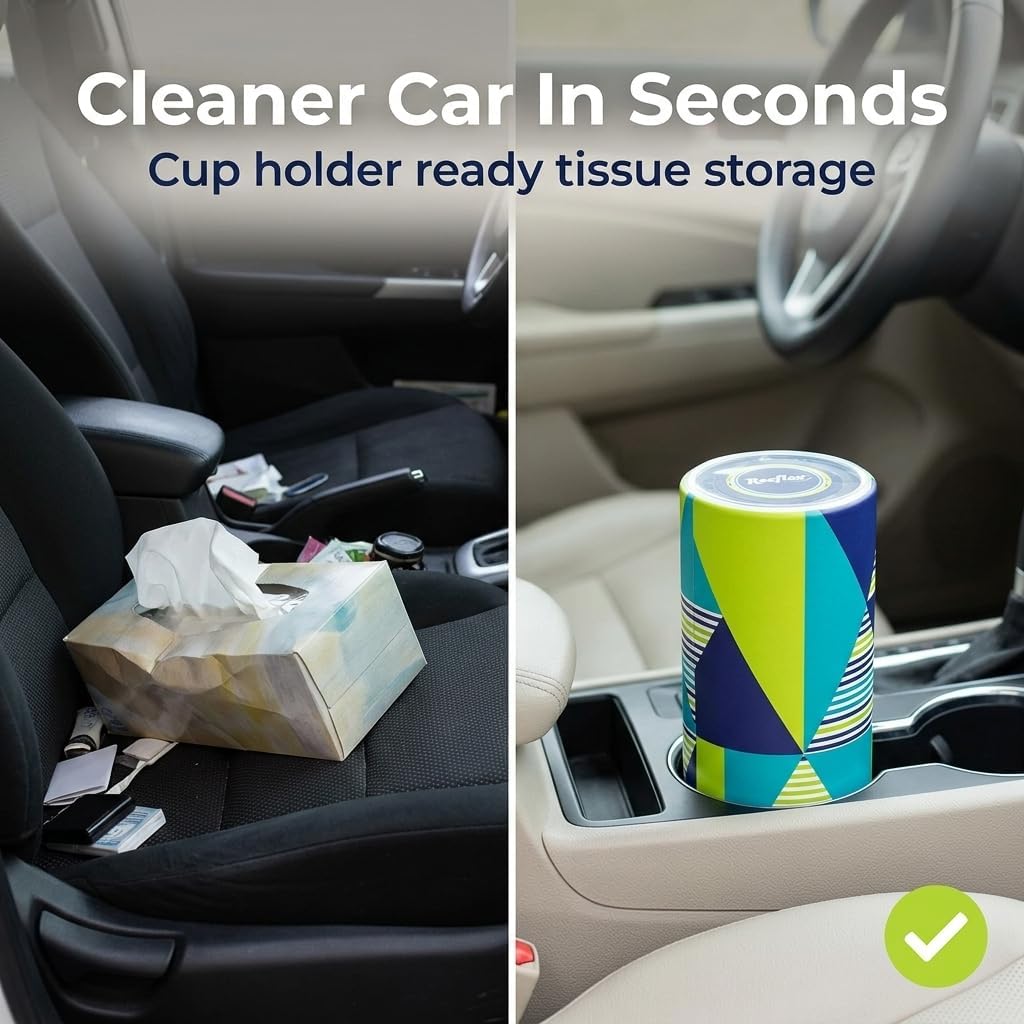 Reeflex Car Tissues 50 Sheets per Canister, Soft, Gentle, and Durable in a Stylish, Convenient Shape to Fit Any Car Cup Holder - 4 Canisters, 200 Sheets Total - Package Design May Vary