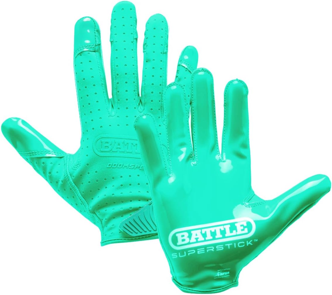 Battle Sports Doom Speed Football Receiver Gloves, SuperStick Palm, PrecisionFit Material, Adult & Youth (Turquoise, Large, Adult)