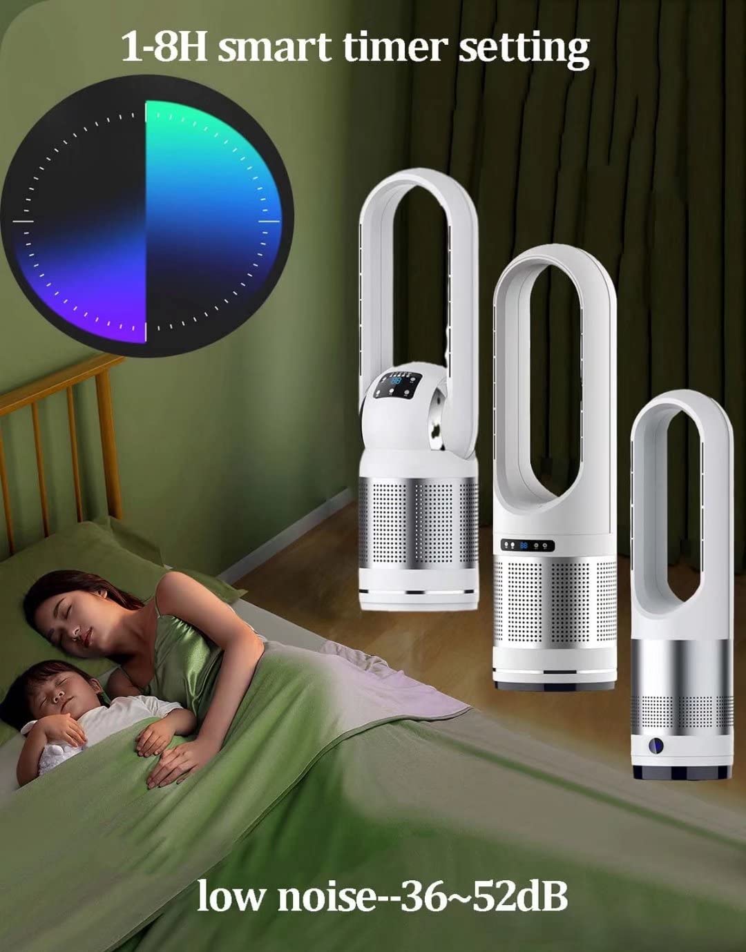 Ventilador calefactor de 2000W,ventilador de torre sin aspas con control remoto,ventilador de purificación de aire con filtro HEPA,ventilador de columna oscilante con velocidad continua,temporizador