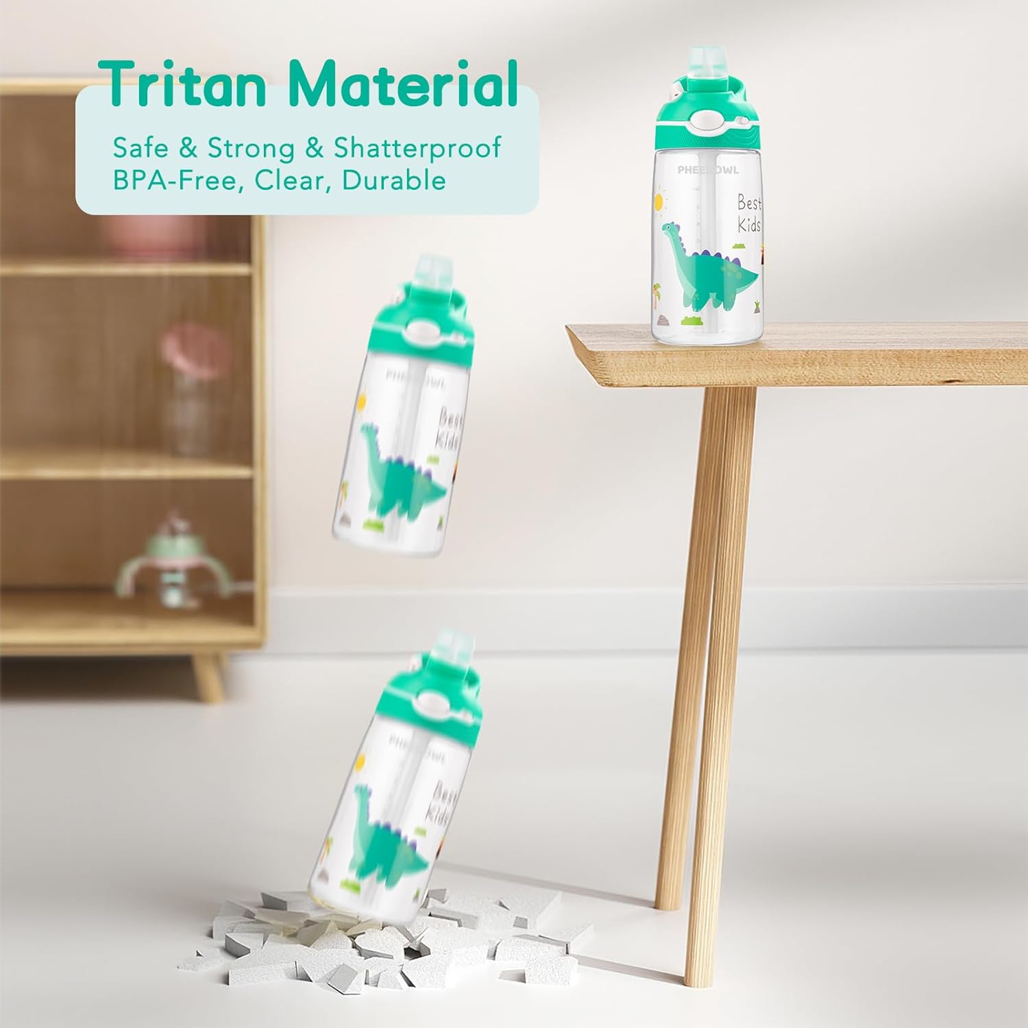 Kids Water Bottle with Straw & Handle - 16oz/480ml Tritan Renew, BPA Free, Leakproof, Dishwasher Safe Water Bottle for School, Travel - Girls & Boys (Green Dino) - Image 7