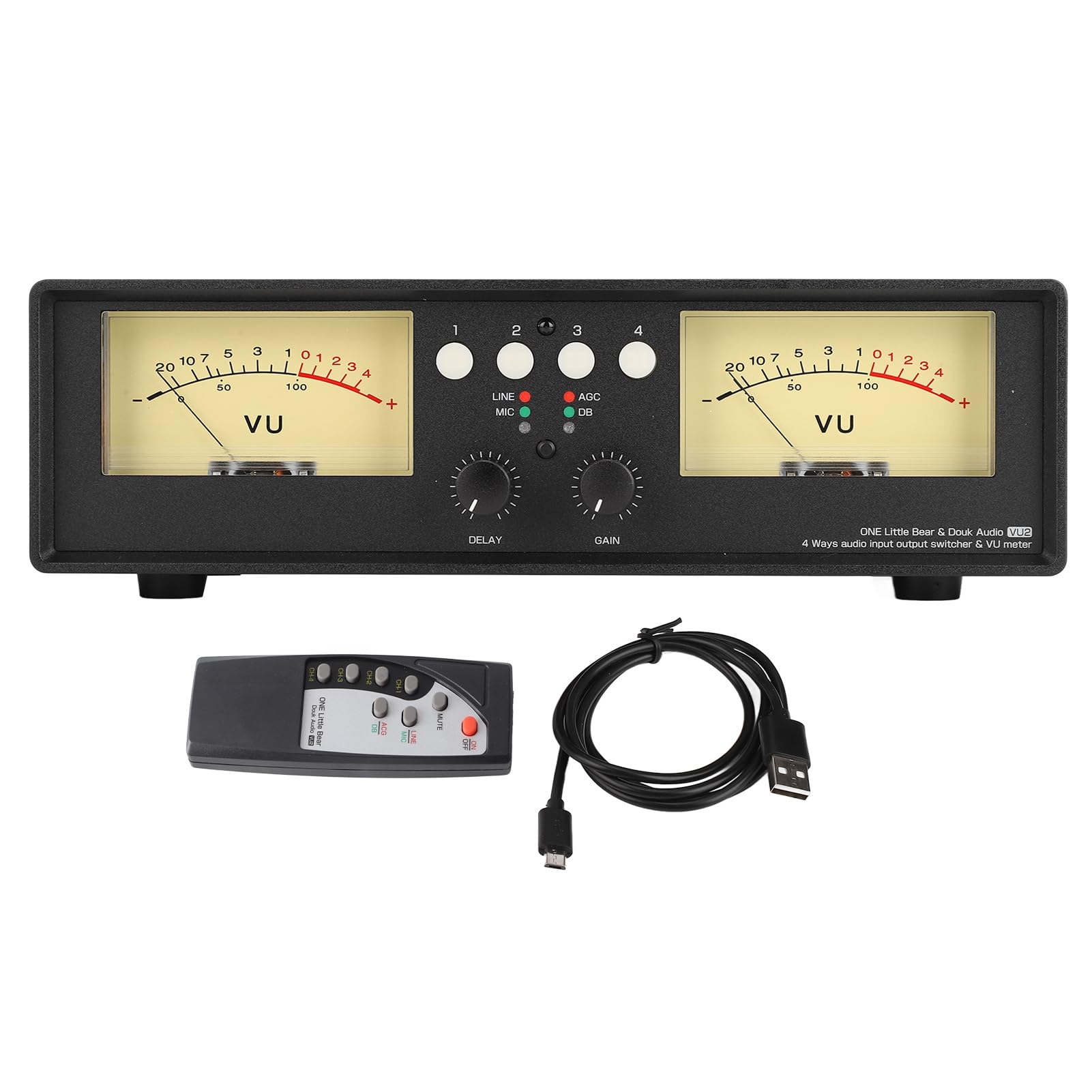 Répartiteur audio 4 voies avec compteur de niveau VU multifonction avec 4 entrées et sorties audio, sélecteur audio stéréo, commutateur audio d'ampli (Rétroéclairage jaune)