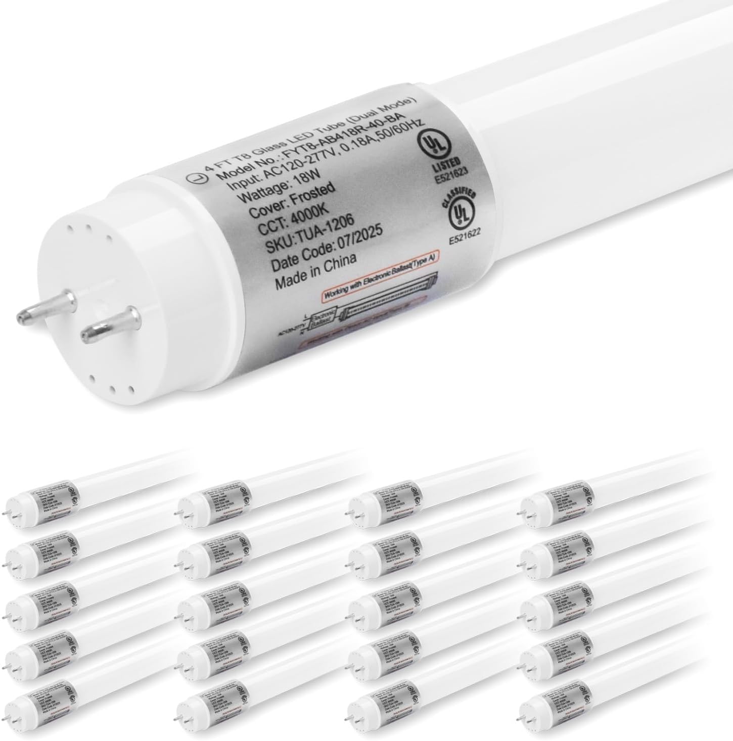 hykolity 20 Pack 4FT LED T8 Hybrid Type A+B Light Tube, 18W, Plug & Play or Ballast Bypass, Single-Ended OR Double-Ended, 4000K, 2400lm, Frosted Cover, T8 T10 T12 for G13, 120-277V, UL Listed 4 Ft | 4000k
