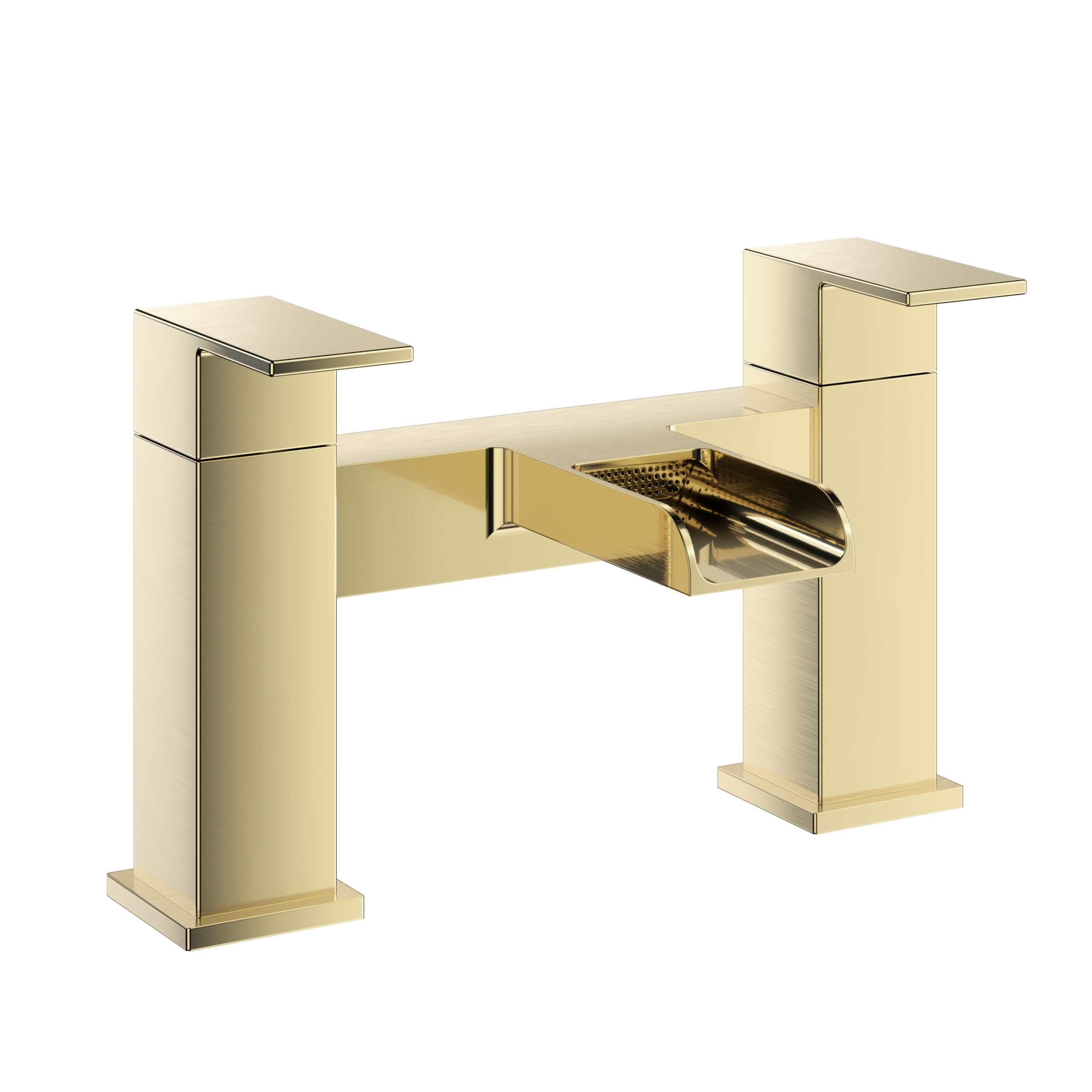 VeeBath Kinetic Square Waterfall Bath Filler Mixer Tap – Modern Dual Lever Design with Brushed Brass Finish, G3/4" BSP Inlet, Deck Mounted Square Bathroom Taps