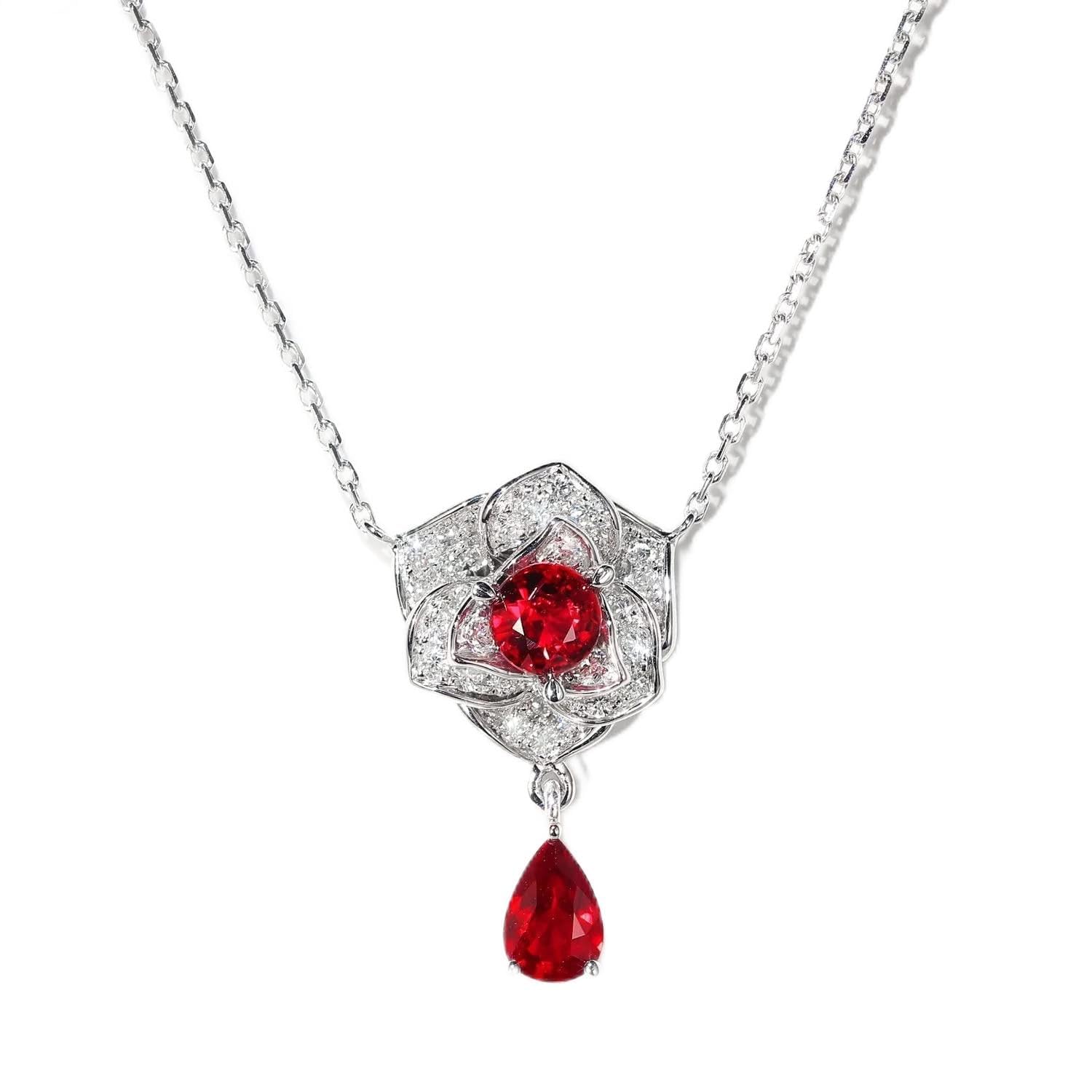 Collier fleur de rubis rouge en argent 925, bijoux élégants