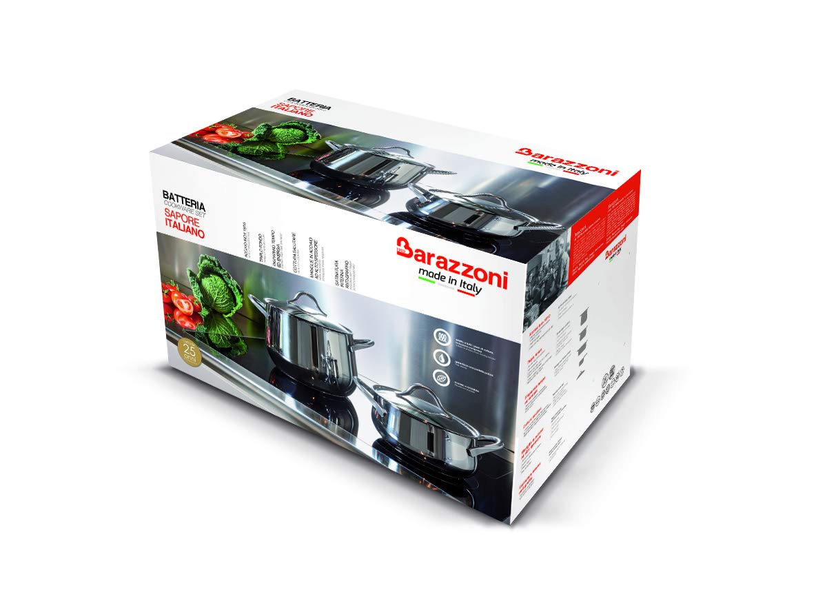 Batteria 11 pz, Acciaio Inox 18/10, Adatta a tutti i piani cottura induzione compresa, Include 2 pentole + 3 casseruole + 1 tegame + 1 bollilatte + 4 coperchi, Made in Italy.