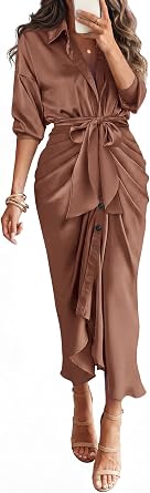 BTFBM Button Dwon Summer Dresses for Women 2026 | Lapel V Neck,Silk Satin,Long Sleeve,Tie Waist,Ruched,Work Clothes,Going Out,Business Casual Outfits,Maxi Dress,Fall Fashion