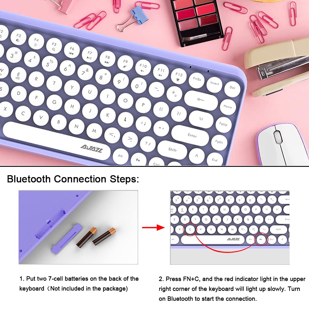 Teclado inalámbrico Bluetooth, lindo mini teclado compacto de 84 teclas, tecnología de conexión inalámbrica Bluetooth de 2.4GHz, tecla ABS retro redonda, panel mate, diseño ergonómico (púrpura)
