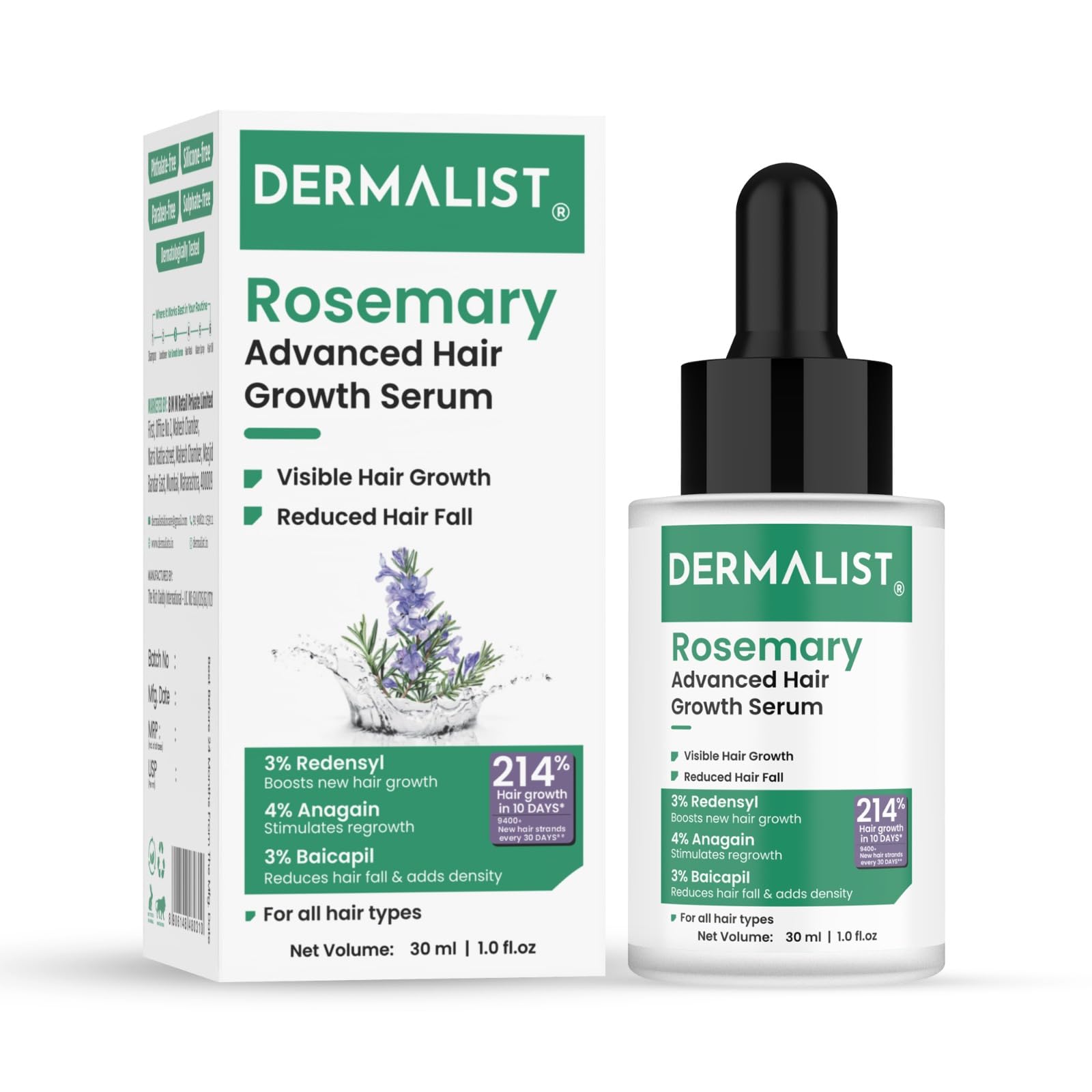 Dermalist Rosemary Hair Growth Serum with 3% Redensyl, 4% AnaGain & 3% Baicapil | Stimulates Hair Growth, Increases Hair Density & Thickens Hair | Non-Greasy Scalp Serum for Men & Women – 30 ml All Hair Types