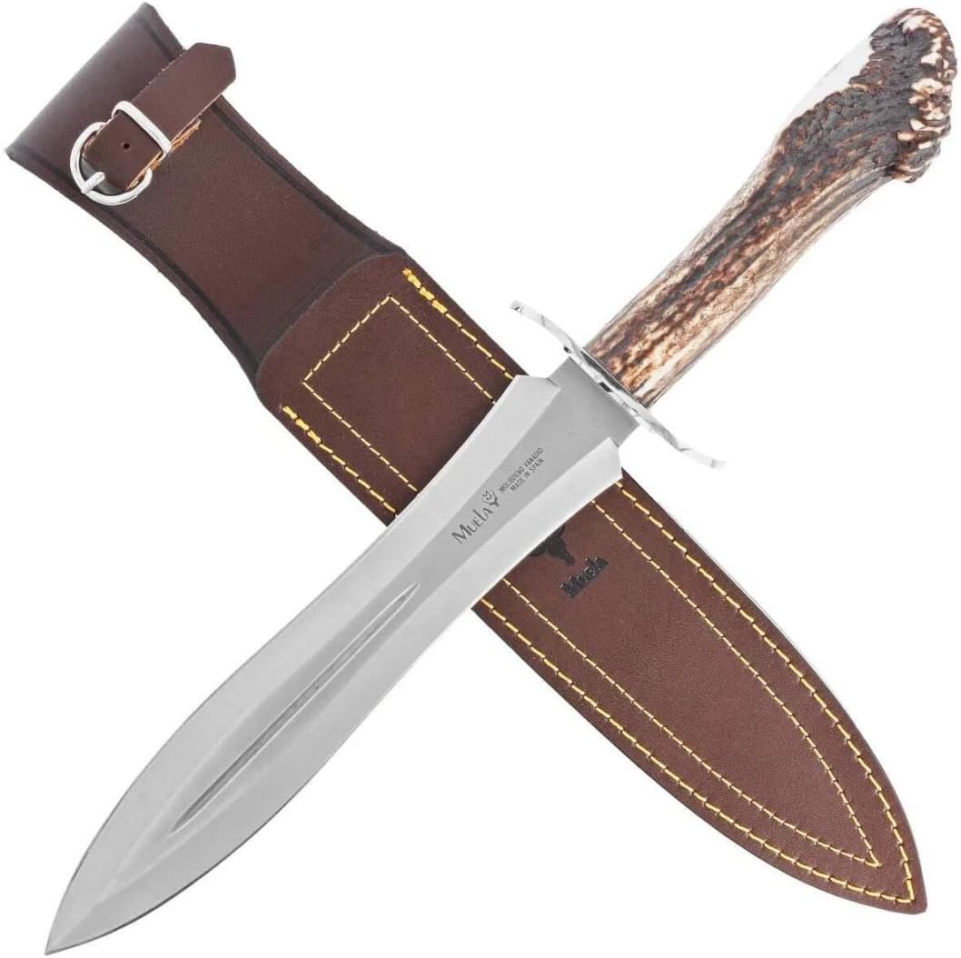 MUELA BW-24S Genuine Red Stag Crown Antler Handle Hunting Knife with Leather Sheath, 9-5/8"