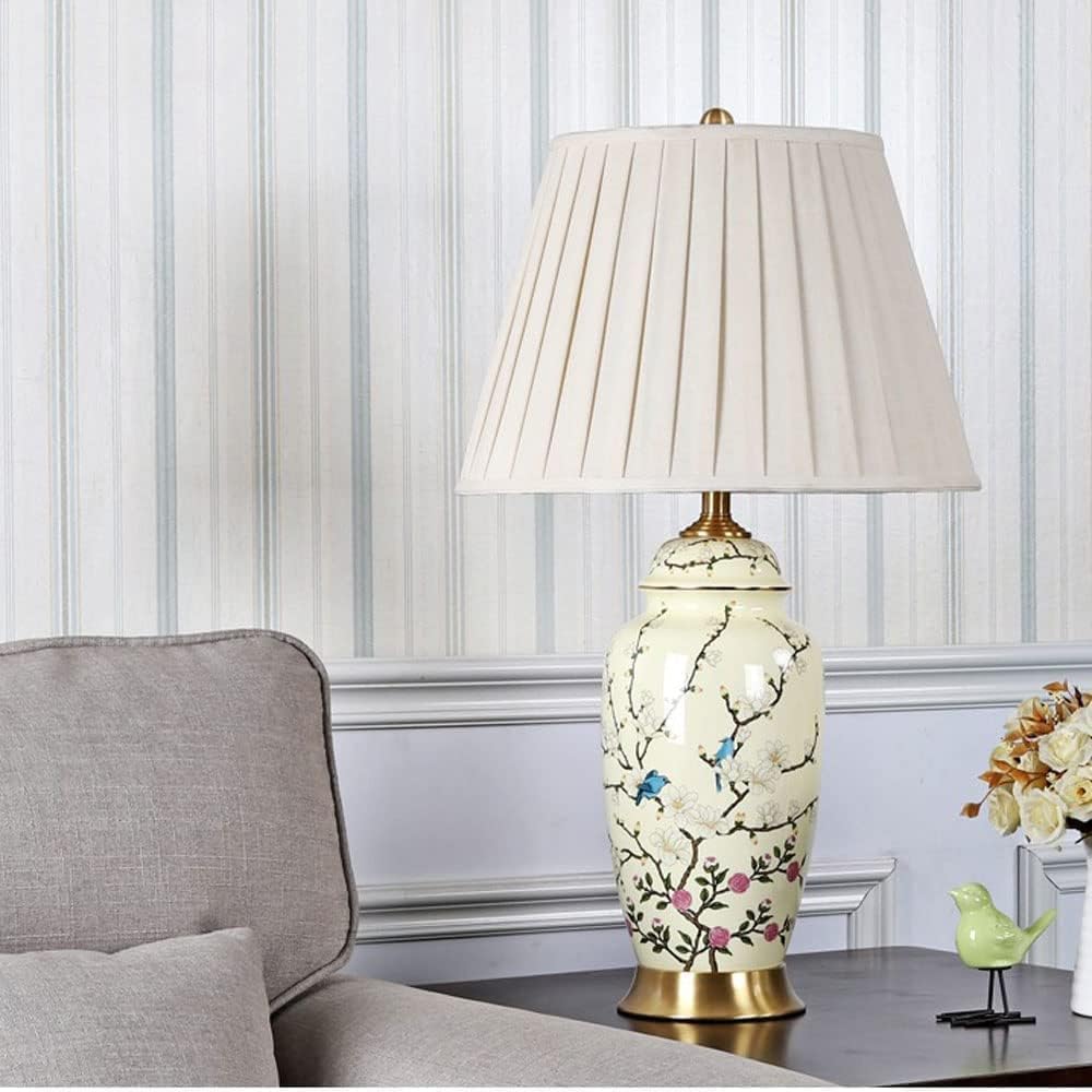 Lampka Nocna, Lampka Stołowa, Ceramiczna Lampa Stołowa, Teksturowany Wazon Z Kwiatami, Klosz Bębnowy, Kompatybilna Z Sypialnią, Salonem, Biurem, Lampką Nocną Do Czytania, Na
