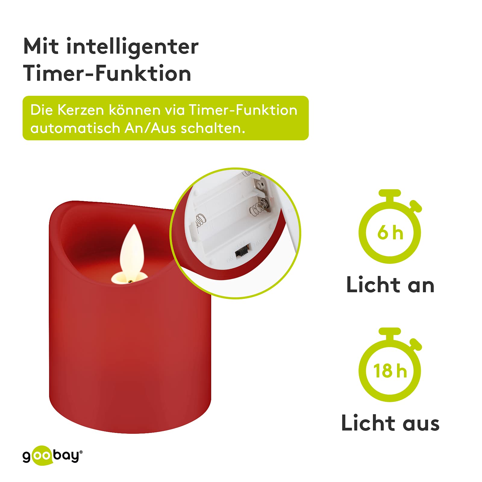 Goobay 44591 świece LED z funkcją timera/ciepłe światło LED świeca pieńkowa/LED świece z prawdziwego wosku, migoczący płomień, świece elektryczne, świece adwentowe, zestaw 4 szt., czerwone