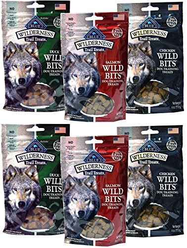 Vikaster Blue Buffalo Wilderness Trail Treats Grain-Free Wild Bits Dog Treats - 3 Flavors 2 Bags Each Flavor (Salmon, Chicken, & Duck) - 4 Ounces Each (6 Total Pouches) - Made IN USA by Blue Cover