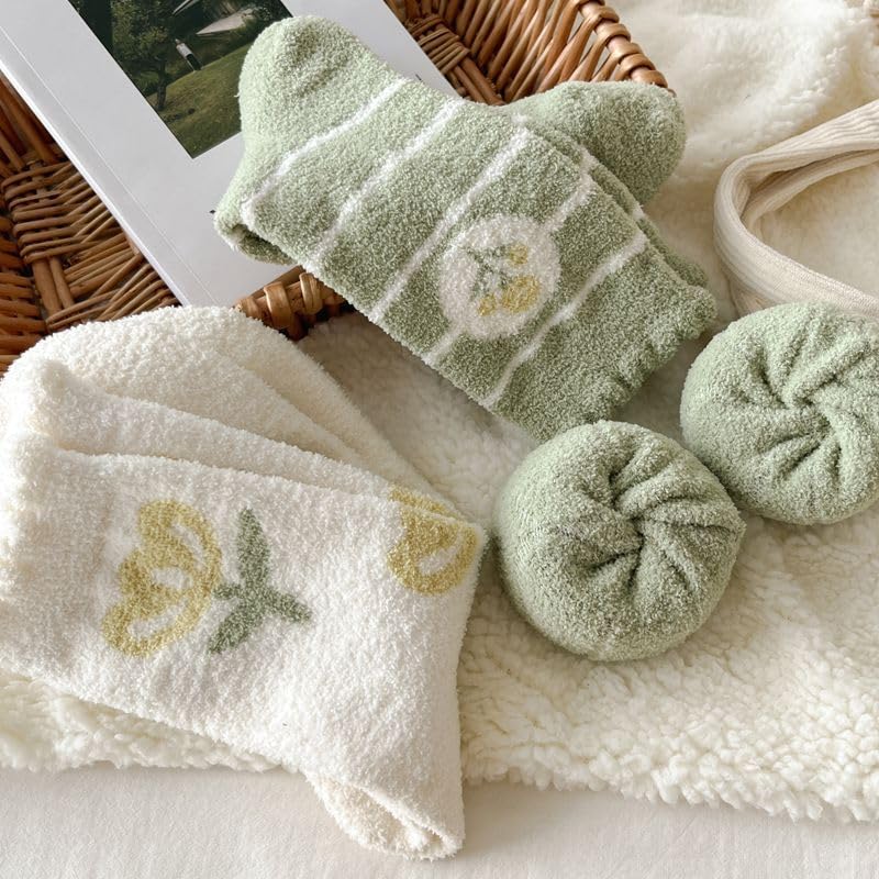 Kelabia 3 Pair Winter Bear Floral Fuzzy Socks, Thick Fluffy Thermal Sleeping Slipper Cute Socks Stocking Fall Clothes Stuff4