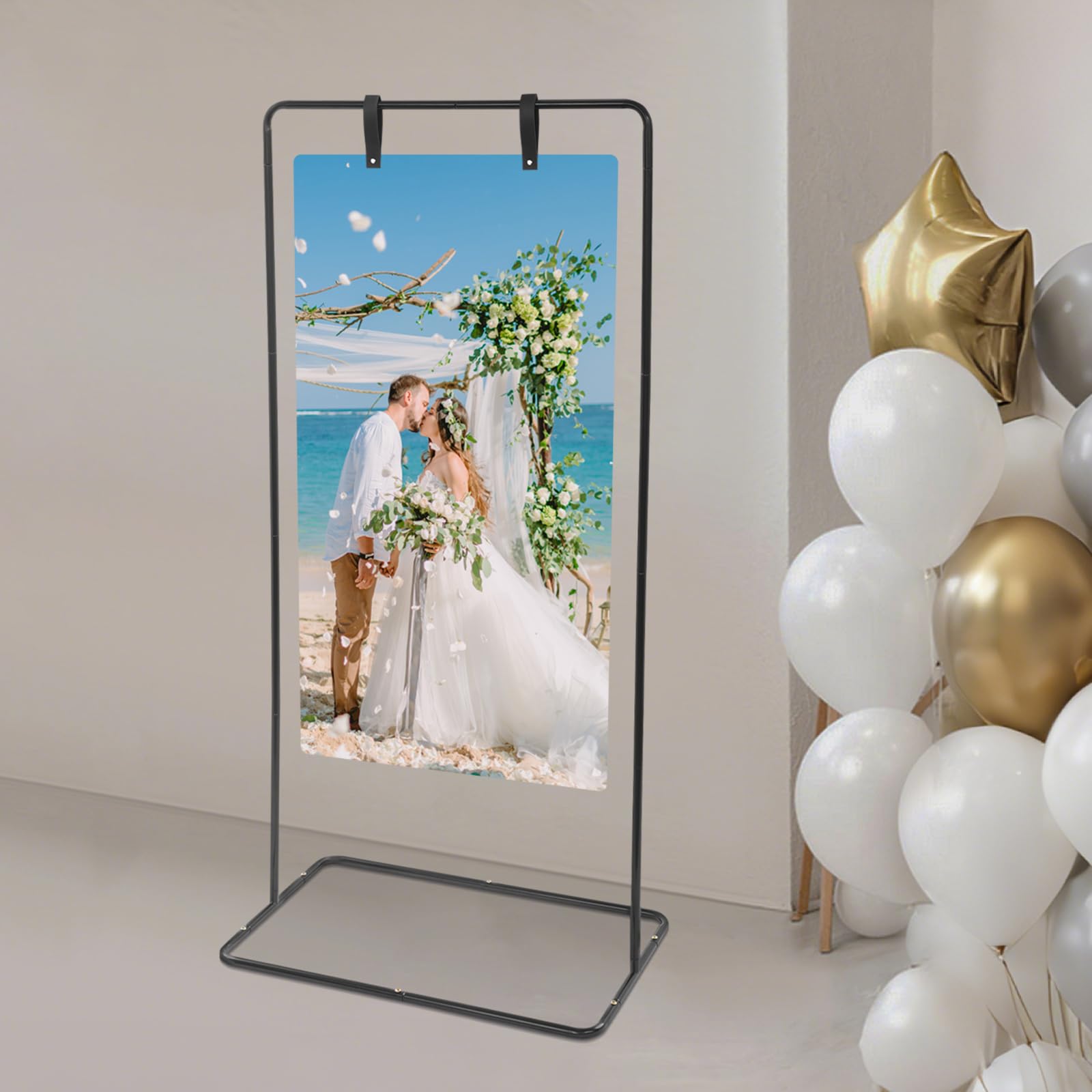 schwarzer Ständer für Hochzeitsschilder 80 × 50 × 175 cm verstellbar Willkommensschild unsere Hochzeit verstellbarer Ständer mit 2 schwarzen und 2 weißen Schnallen Hochzeitsfeiern