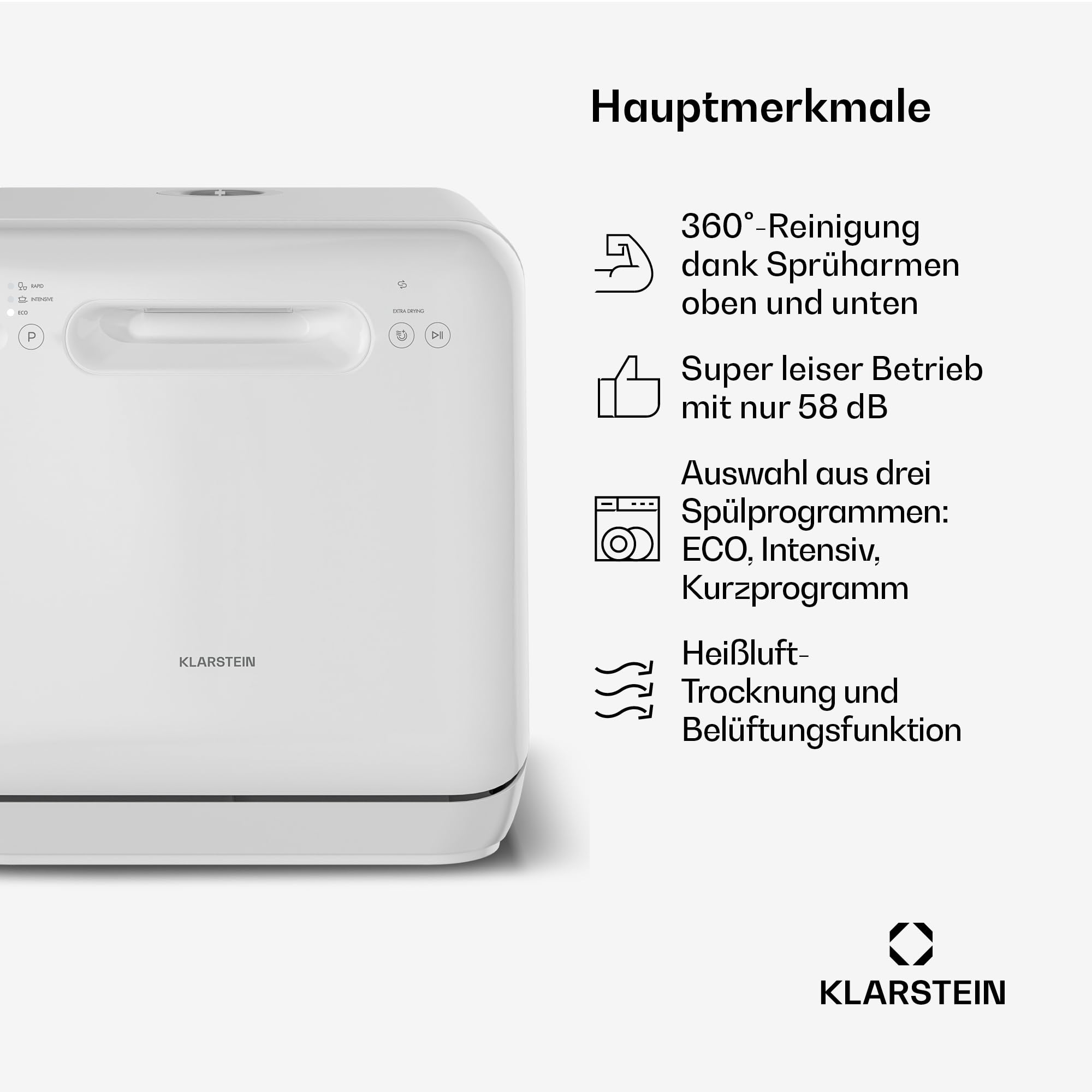 Klarstein Aquatica Tischgeschirrspüler – Kompakter Mini Geschirrspüler, 2 Gedecke, 5L, Ohne Wasseranschluss, 3 Programme, Tischspülmaschine für Kleine Küchen & Camping