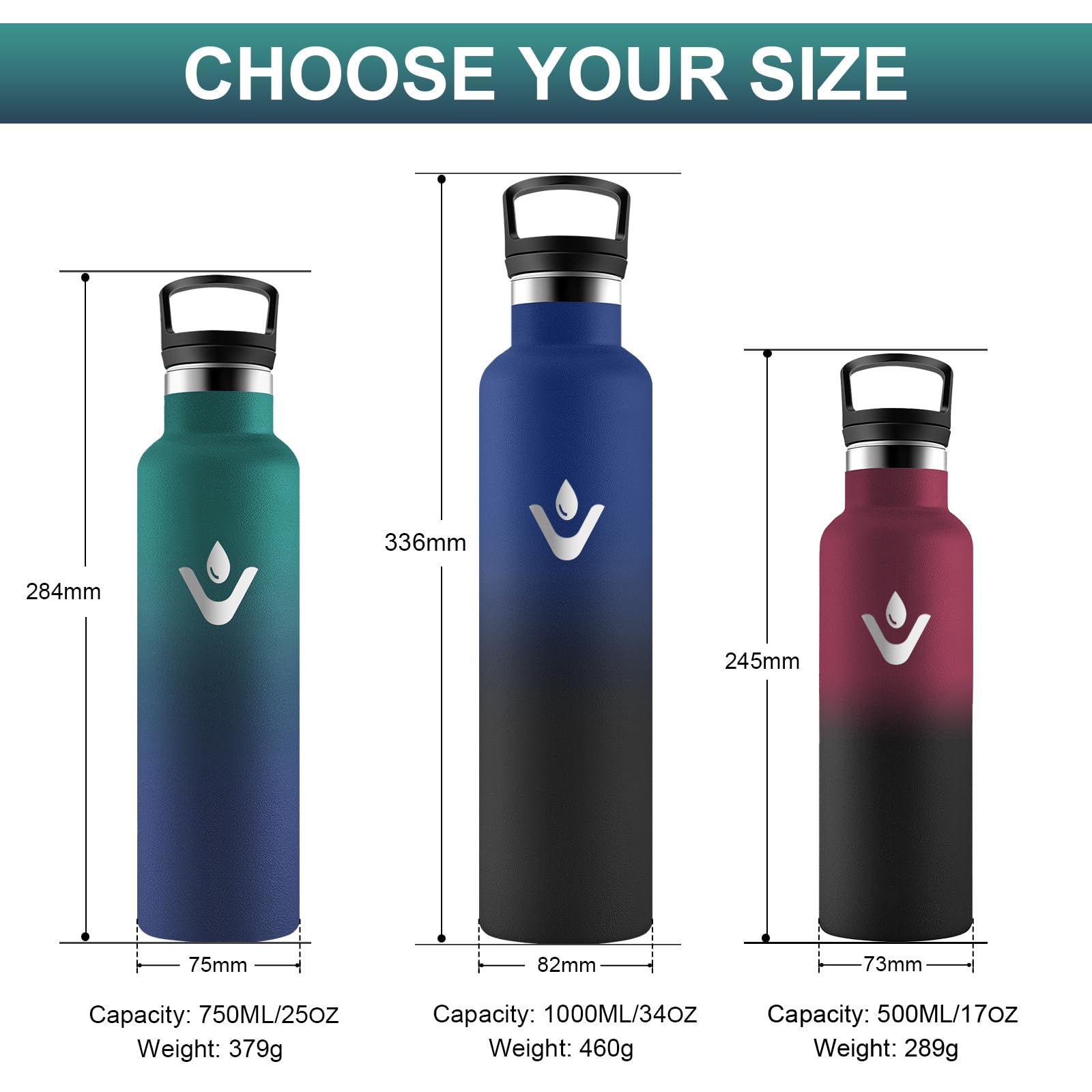Vikastar Borraccia Termica, 0.75L Senza BPA, Thermos per Bevande Calde, Acciaio Inox, Borraccia Termica 750 ml, a Prova di Perdite, Bottiglia Termica per Sport, Palestra, Ciclismo, Verde & Blu