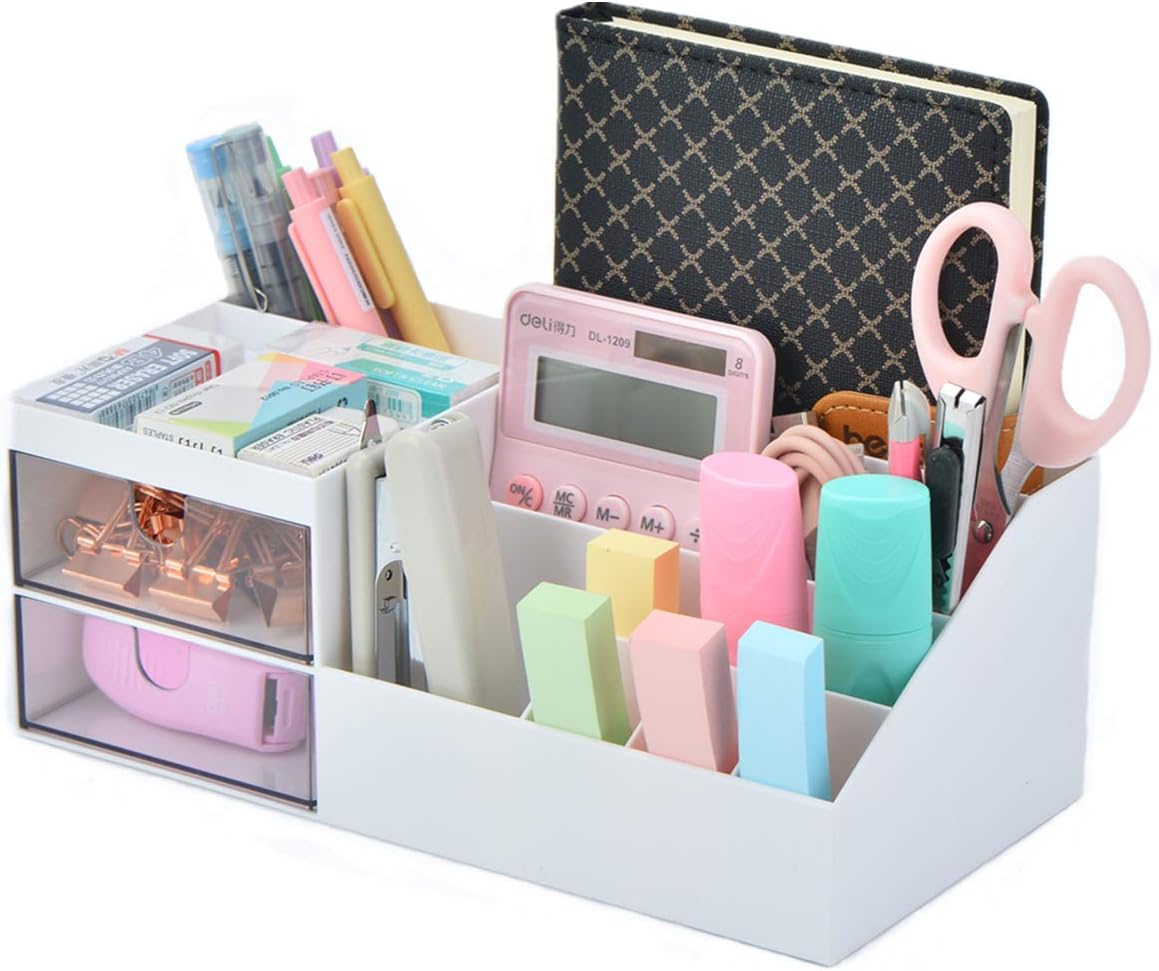 Citmage Desk Organizer Caddy with 12 Compartments Office Workspace Drawer Organizers Desktop Holder Plastic Stationery Supplies Storage Box for Pencils,Markers,Erasers,Pens,Sticky Notes(White)…