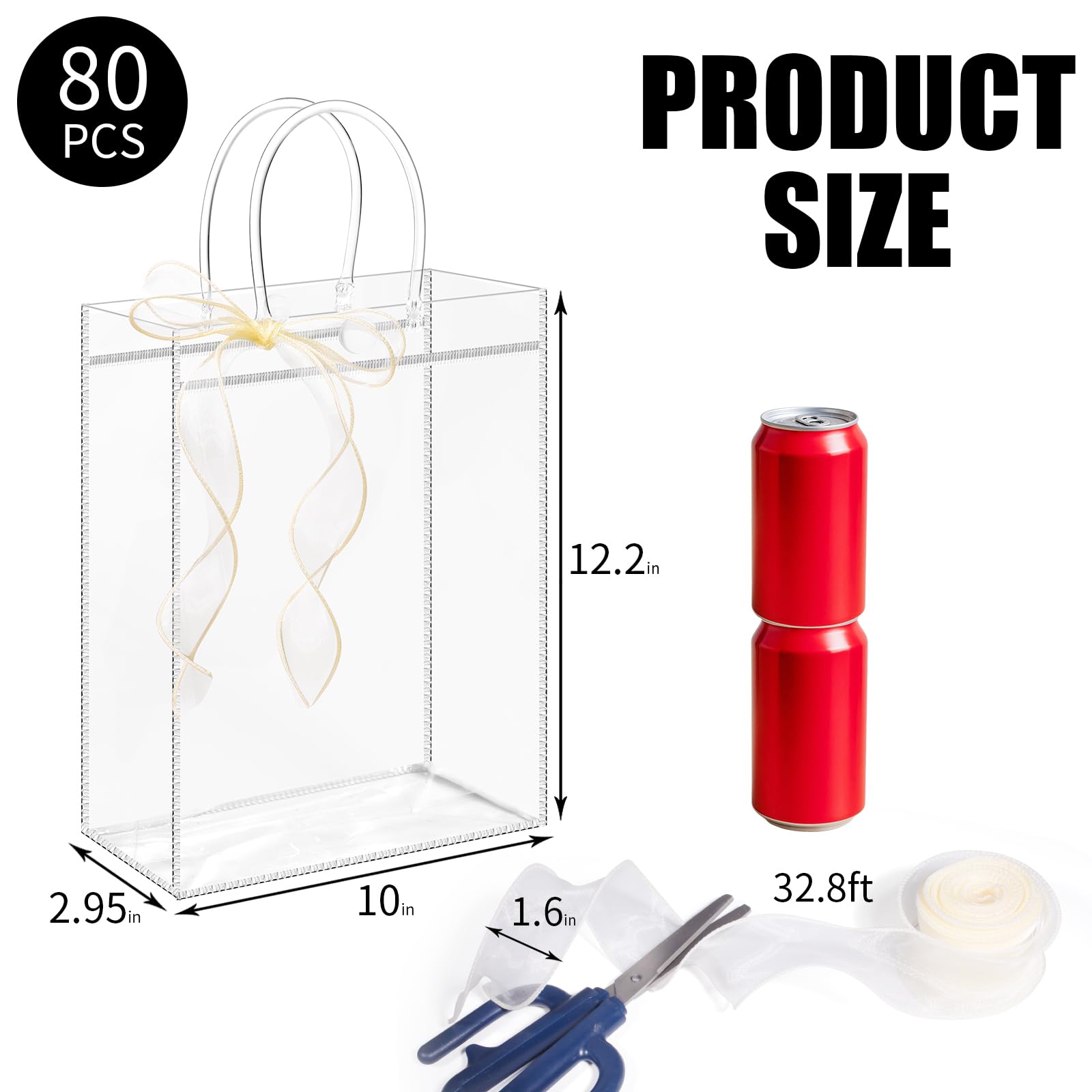 WDSHCR Lot de 80 sacs cadeaux en plastique transparent avec poignées, sacs à dragées avec rubans, sacs fourre-tout réutilisables pour mariage, fête prénatale, anniversaire (transparent, 25,4 x 31,8 x