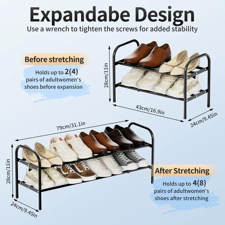 Miniatura 3 de Zapatero expandible de 2 niveles, zapatero ajustable para armario y entrada, organizador de zapatos de metal extensible con ancho ajustable, estante