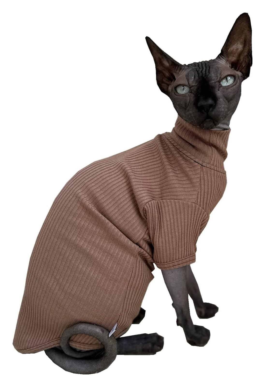 Fbhappiness Brown Cat Clothes Hairless Cat Clothes Cats Shirt Cat Turtleneck Cotton Sweater Pullover Kitten T-Shirts With Sleeves Cat Pajamas Jumpsuit For Cornish Rex, Devon Rex, Peterbald (