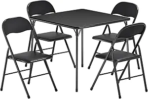 VECELO Folding Card Table and Chair Set of 5 Foldable with Padded Upholstery Tabletop, Metal, Black