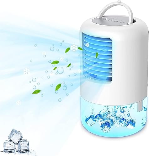 Aire acondicionado portátil, humidificador de aire con 3 velocidades, 7 colores de luz, mini ventilador de aire acondicionado de 16.9 fl oz,