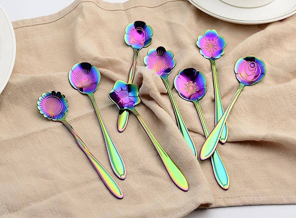 Stainless Steel Creative Tableware Flower Dessert Spoon,Sugar Spoon,Mixing Spoon,Tea Spoon,Stirring Spoon,Cake & Ice Cream Spoon,Stir Bar Rainbow Spoons -Set Of 6 (Random) - 13 Cm