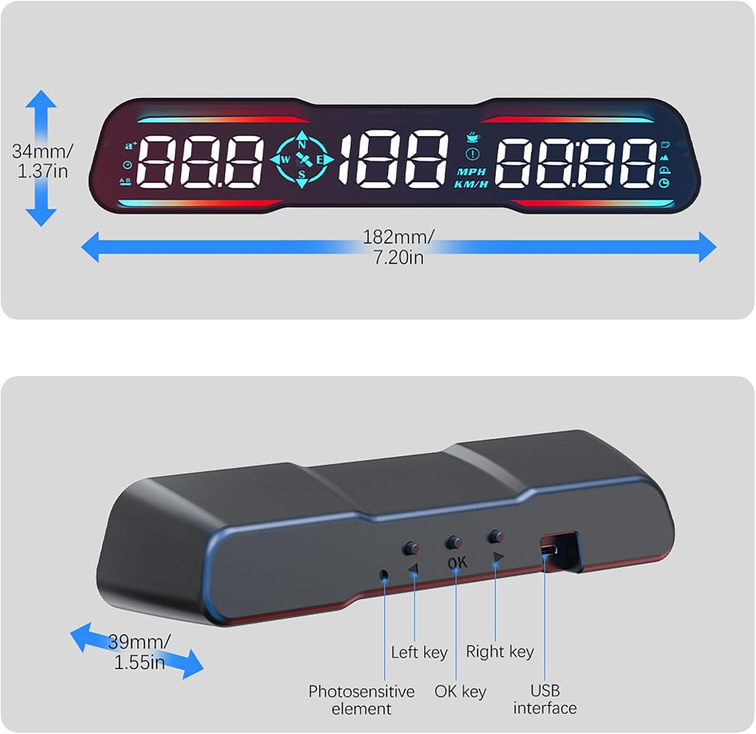 Close-up of the G19 unit showing the left key, OK key, right key, photosensitive element, and USB interface.