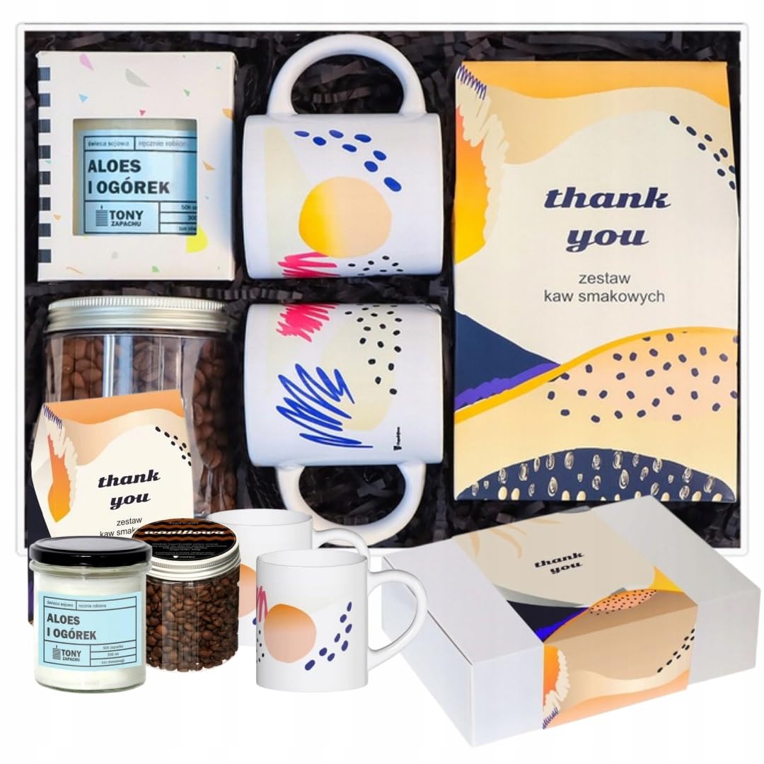 BOX prezentowy THANK YOU - zestaw kaw smakowych świeca sojowa kubki kawa waniliowa - prezent upominek podziękowanie dla nauczyciela wychowawcy kobiety faceta
