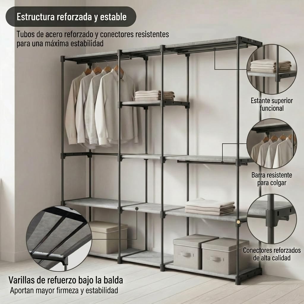 Pincho Burro Ropa, Armario de Tela, Armario Ropero Portatil para Ropa, Armario Tela, Organizador de Ropa, Vestidor Abierto, Closet Organizer, Perchero Burro Ropa Colgador Ropa - 182 x 43 x 182 cm