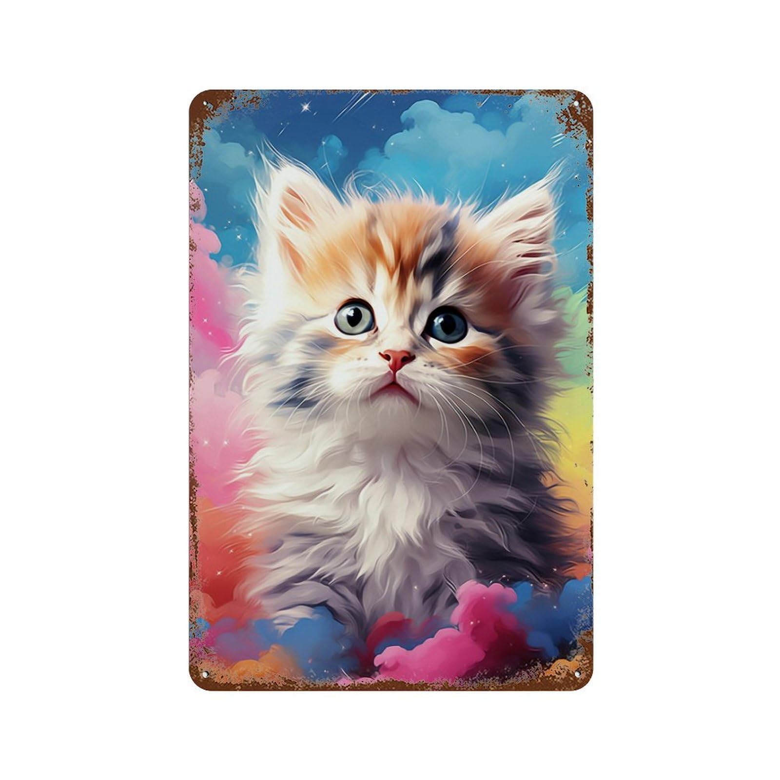 Distressed Metal Wall Sign Colorful Kitten Art Print 11.8"x7.9", Old School Wall Decor for Bistro, Counter And Cafe Decor