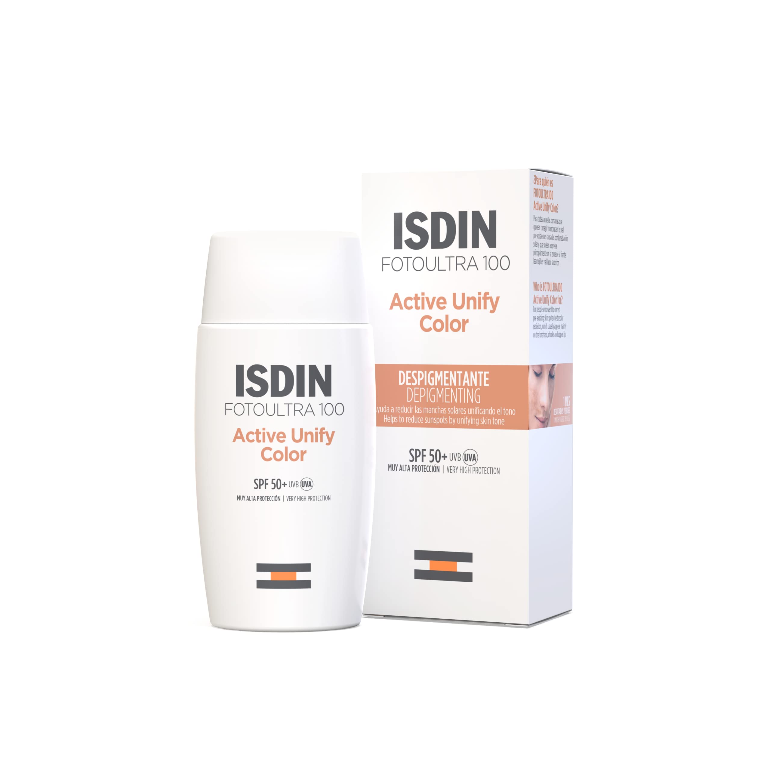 FotoUltra 100 ISDIN Active Unify Color SPF 50+ - Protector solar facial, Aclara y unifica el tono de piel, 50 ml