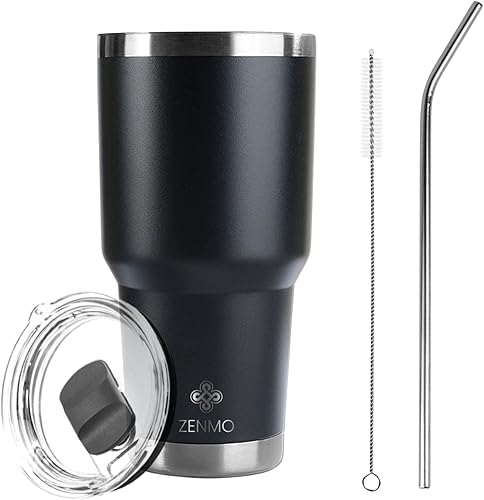 ZENMO Taza aislada con tapa con popote y cepillo de limpieza 30 onzas taza de viaje aislada de doble pared de acero inoxidable vaso reutilizable