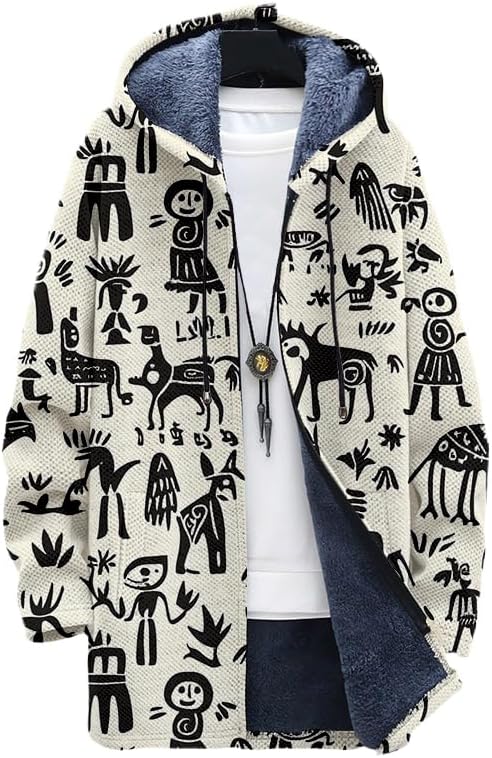 Oversized Zip Up Hoodie for Men Sherpa Lined Fleece Jacket Fuzzy Aztec Sweatshirts Soft Warm Winter Coats
