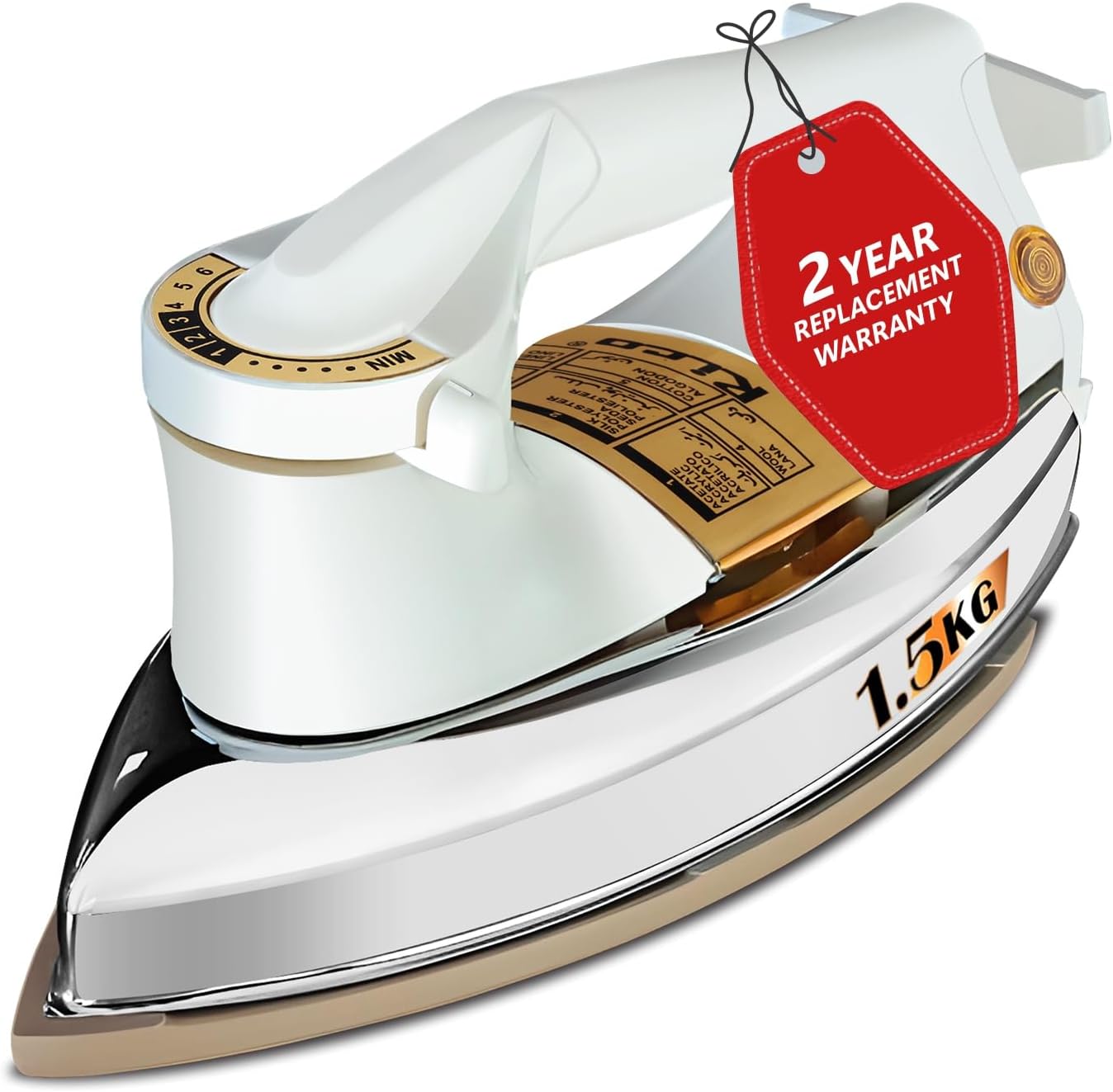 Rico 1000W Heavy Weight Dry Iron Press With 2 Years Replacement Warranty | Japanese Quick Heat Technology with Advance Sole Plate | Shock Proof (White 1.5KG) Iron Box for Clothes | Made In India
