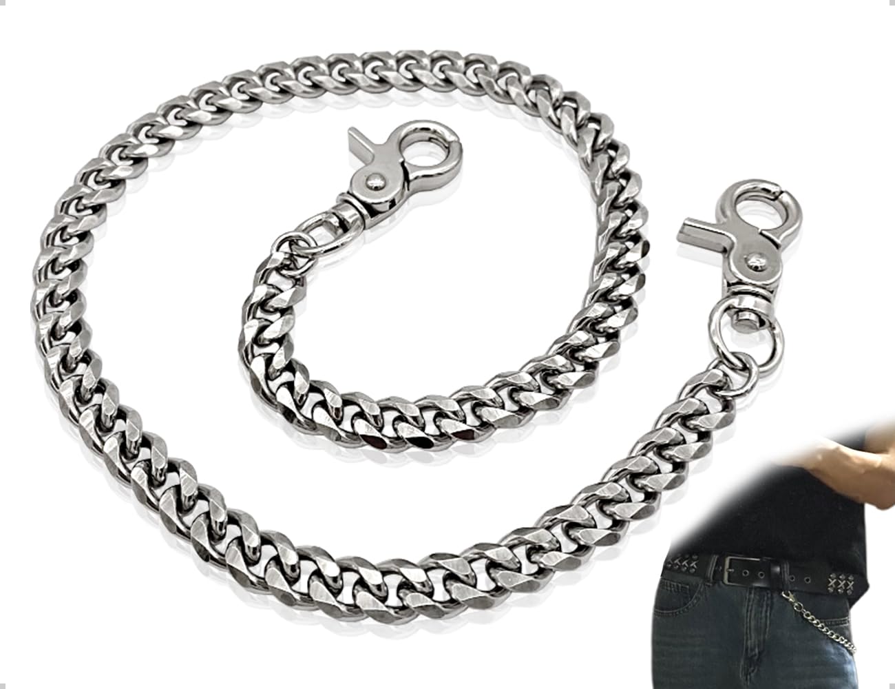 Catena Portafoglio Uomo Con Moschettone E Portachiavi - 61cm, Argento Per Motociclisti