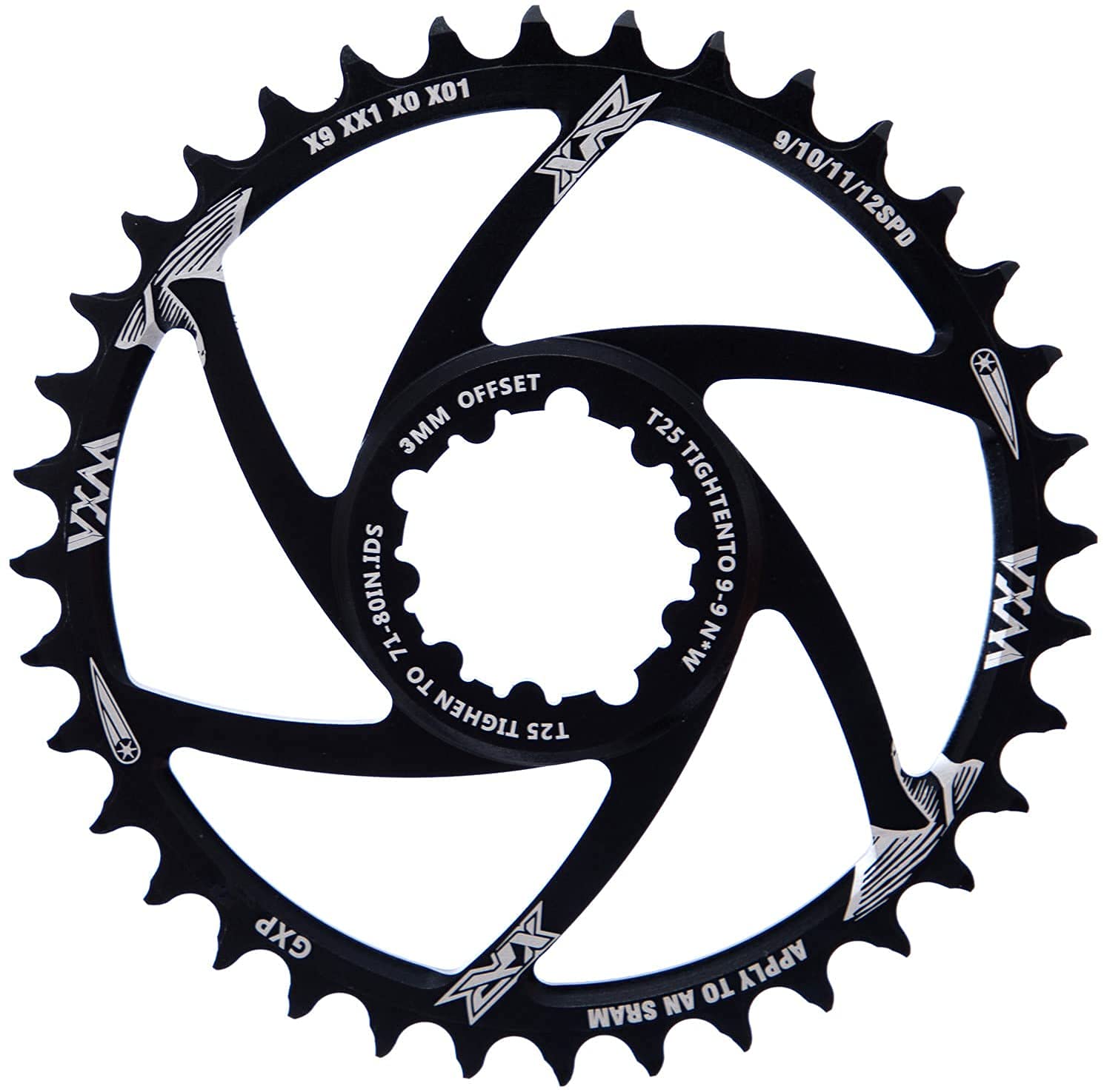 YBEKI Plateau VTT CNC 7075-T6 30T-38T - Roue à Chaîne Eagle Tooth Design, Déport 3/6mm, Montage Direct SRAM GXP/XX1/X01, Anodisation Dure HV800 (60-80g)