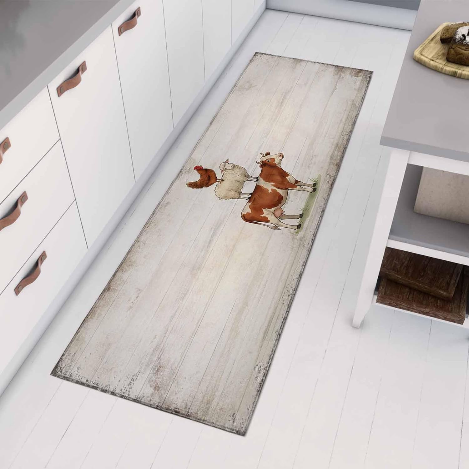 Teamery Kitchen Mats for Floor Farmhouse Cow Sheep Chicken Washable Non Slip Kitchen Rugs 1PCS, Farm Animal Rustic Wood Board Absorbent Standing Mats for Sink Bathroom Office Living Room 23.6x70.9in