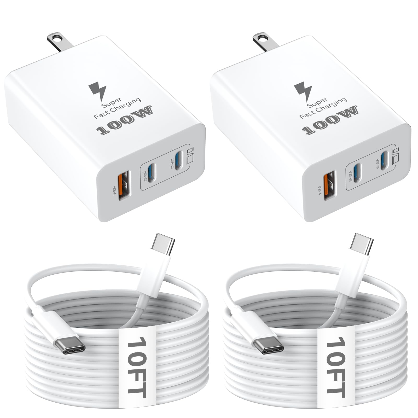 Mac Book Pro Charger, 100W GaN USB C Wall Charging Block 3-Port Super Fast Power Adapter with 10 FT Type C Cable Cord for MacBook Pro/MacBook Air, iPhone 16 15 Pro Max, iPad, Samsung Galaxy S25,2 Pack