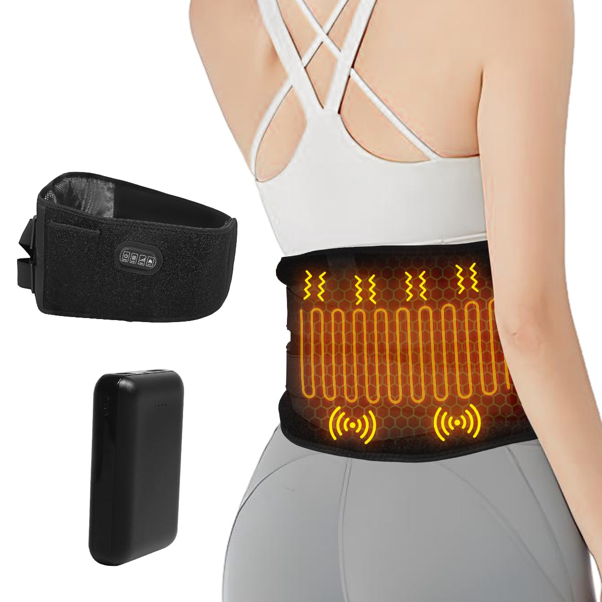 Ceinture chauffante de massage contre les maux de dos avec batterie de 10 000 mAh, sangle de 150 cm, sangle réglable, ceinture chauffante électrique avec 3 modes, 3 intensités, avec minuterie