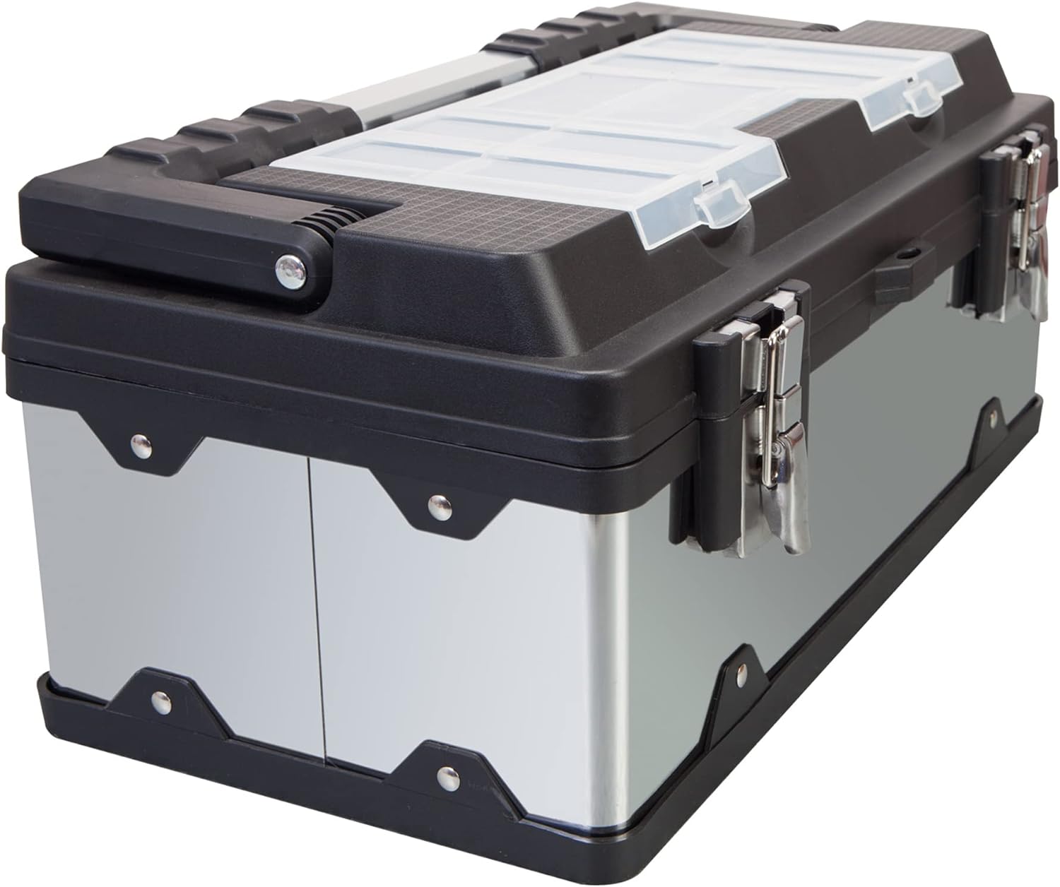 Road Dawg ROAD DAWG A5519BD Torin 19" Stainless Steel Portable Storage Tool Box Organizer with Metal Lock, Clear Lid Compartments, and Removable Tray - Stainless Steel/Black - - 