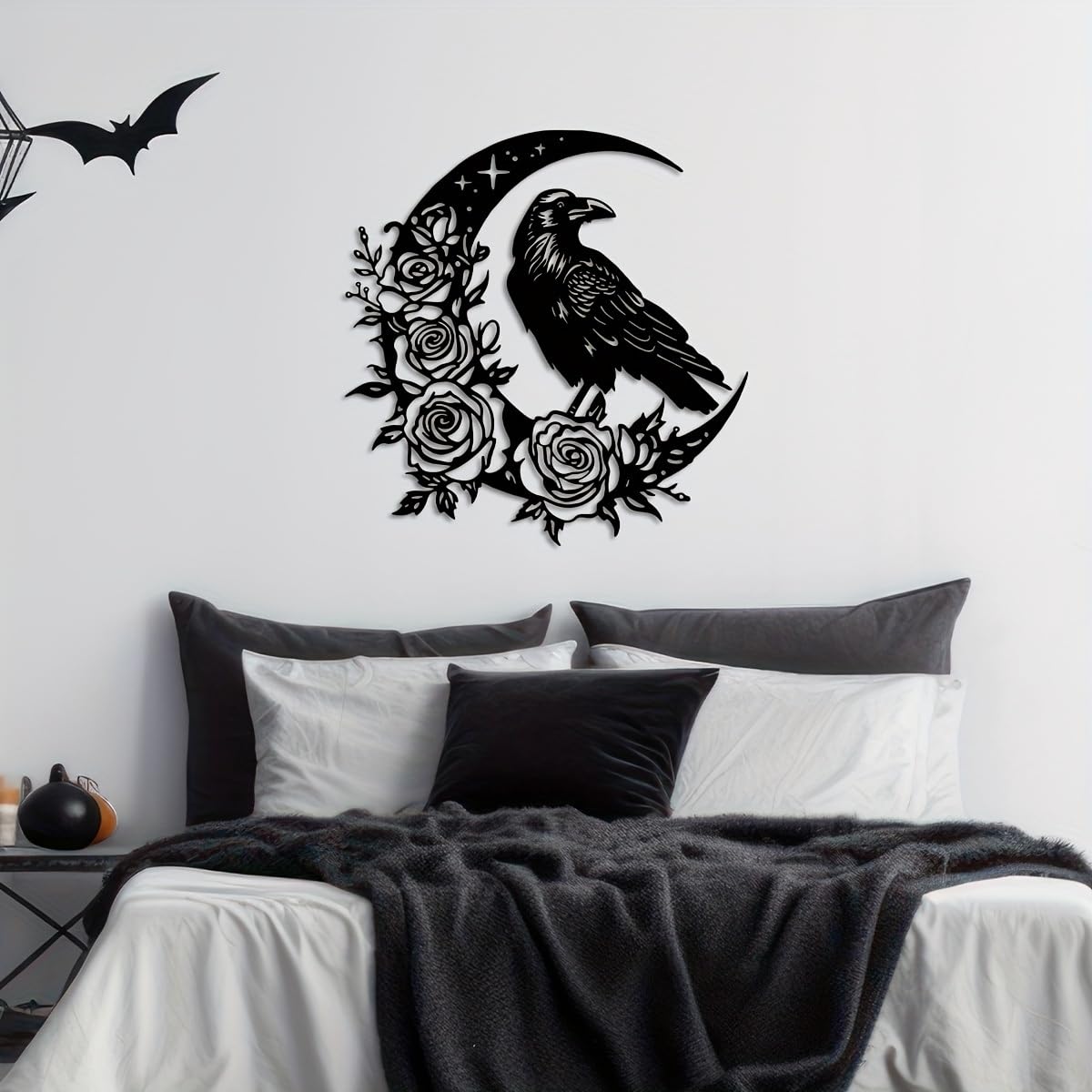 Generico Decoración de pared abstracta contemporánea de Metal con Arte de Cuervo Lunar, letrero colgante rústico Moderno para Sala de estar, dormitorio, oficina gótica o jardín Exterior.