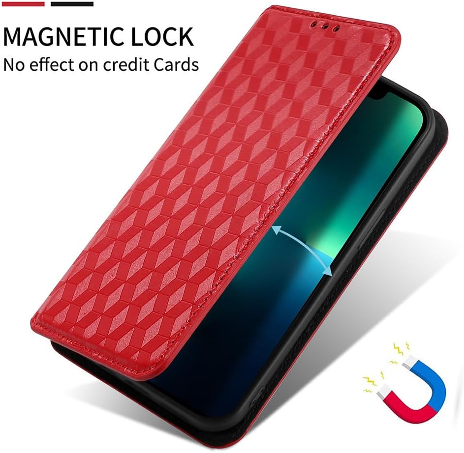 Red phone case with a magnetic lock feature indicated by an arrow and a magnet icon
