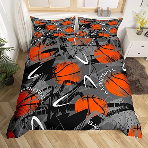 Basketball Housse de Couette Sports Parure de Lit 220x240cm Motif Boule 3D Rouge Gris Parure Housse de Couette pour Garçons Filles Ados Chambre Décor Jeux de Compétition Avec 2 Taie d'Oreiller