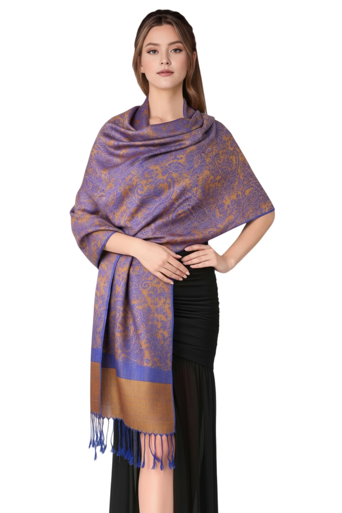 PASKMLNA Paisley Jacquard Pashmina Shawl Wrap Scarf Stole, Blue Gold, Large