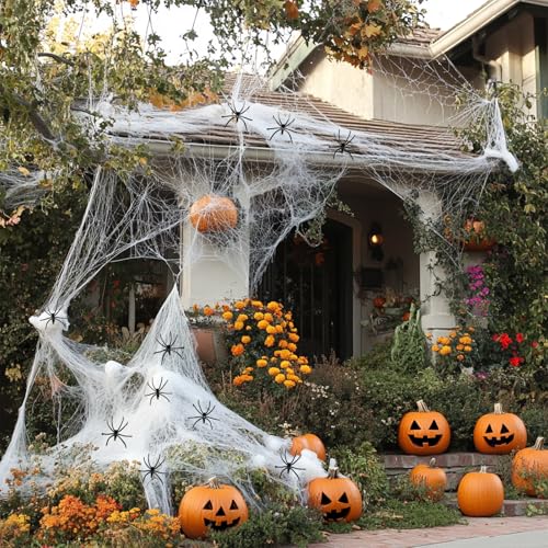 Halloween Deko Spinnennetz, 400g Outdoor Spinnenweben mit 80 Stücke Realistische Kunststoff Spinne, Horror Atmosphäre für Karneval Fasching Halloween Party Dekoration für Tisch, Haustür Außen, Garten